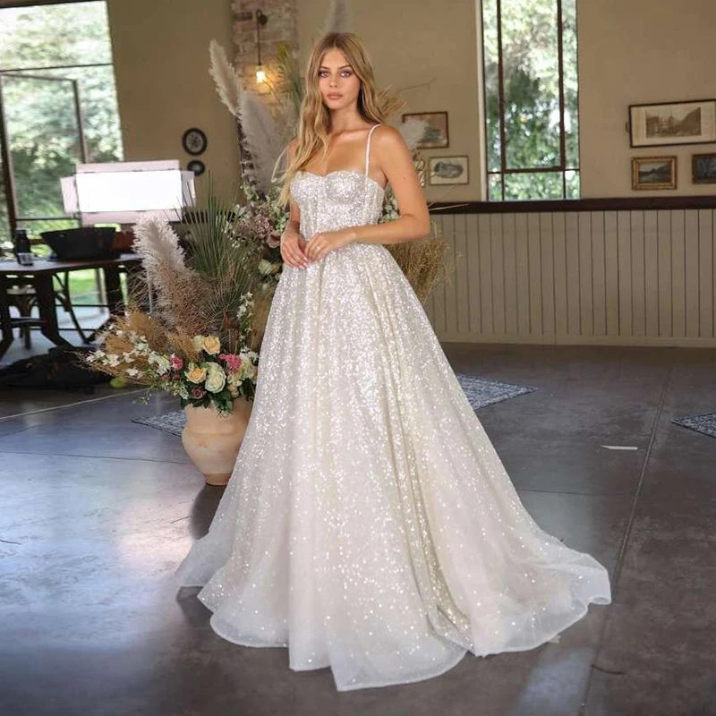 Shiny Wedding Dresses Boho Sweetheart Sequin Spaghetti Strap A-Line Princess Wedding Bridal Gown